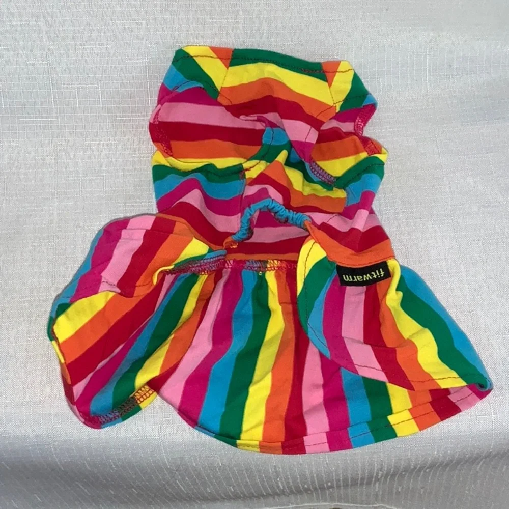 731 10/$50🏄🏻‍♀️ NEW! Small Rainbow Striped Pet Dog Dress with Yellow Bow